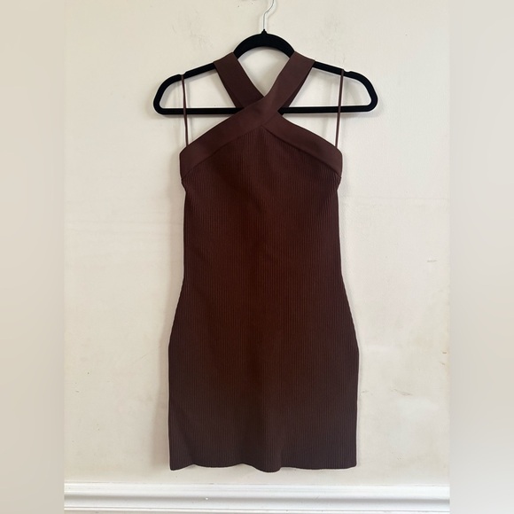 Aritzia Babaton Sculpt Knit Criss Cross Dress Brown size M EUC Aritzia Babaton Sculpt Knit Criss Cross Dress Brown size M EUC